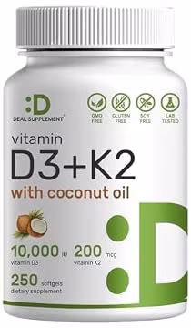 DEAL SUPPLEMENT Vitamin D3 10,000 IU + K2 MK7 200mcg Softgels, 250 Count | 2-in-1 Complex with Virgin Coconut Oil | Easy to Swallow