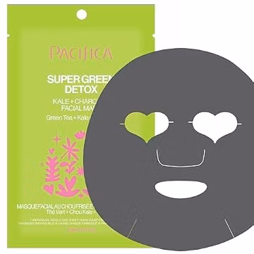 Pacifica Super Green Detox Sheet Mask – Charcoal, Kale & Clay Pore Cleansing Mask for Oily, Blemish-Prone Skin, Deep Detox Facial Mask, Vegan
