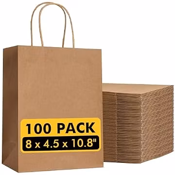 RACETOP 100 Pack Brown Kraft Gift Paper Bags with Handles 8x4.5x10.8 in
