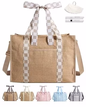 BAGSMART Beach Tote Bag for Women (Checkerboard Beige Brown, 21L Jute)
