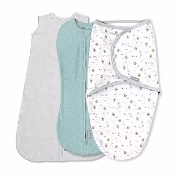SwaddleMe by Ingenuity Comfort Pack Baby Swaddle Set, Size 0-3 Months, 5-14 Pounds, SwaddleMe Pod, Original Swaddle, Night Sack, 3pk - Little Bees