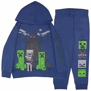 Minecraft Boys 2-Piece Fleece Sweatshirt and Pants Set, Long Sleeve Pullover Hoodie and Jogger Bundle for Kids (Steel Blue, Size 5/6)