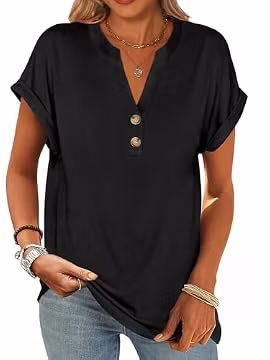 ANRABESS Womens Short Sleeve Henley Tops V Neck Dressy Casual Blouses Summer Trendy Tee Shirts 2026 Vacation Fashion Clothes Black L