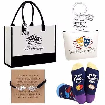 Mimorou 6 Pcs Theater Gifts Set for Women Drama Lover Gifts with Trapezoid Canvas Tote Cosmetic Bag Socks Keychain Bracelet Card for Theater Broadway Lover Musical Actor Back to School Gift