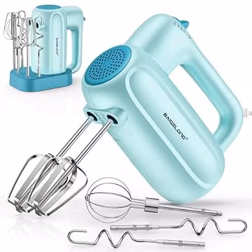 BAIGELONG Hand Electric Mixer, 5-Speed KitchenMixer with 5 * 304 Stainless Steel Attachments + Storage Base, Food Handheld Mixer for Baking, Whipping Cream, Cake Mixing, Blue