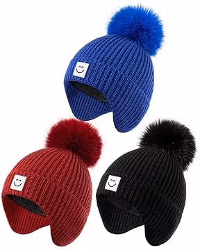 Alepo 3 Pack Baby Winter Hats with Earflaps, 2 Size Kids Pom Pom Beanie with Warm Fleece Lined for Infant Toddler Children, Cute Smiley Face Knit Beanie Hats for Girls Boys-05