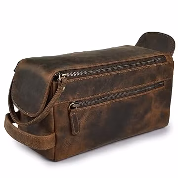 LEATHER VILLAGE Genuine Leather Toiletry Travel Bag For Men & Women, Brown