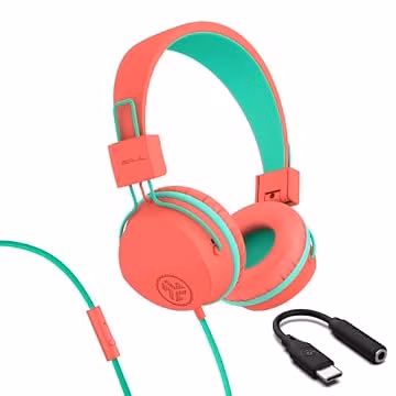 JLab, JBuddies Studio, Kids Wired on-Ear Headphones, Bundle with USB-C Adapter, Volume limiting, Foldable, Peach