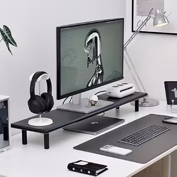 ROCDEER Bamboo Dual Monitor Stand Riser, Black Desk Shelf with Storage