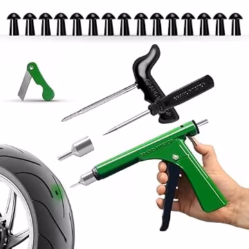 GRAND PITSTOP Tubeless Tire Gun Puncture Repair Kit with Mushroom Plug for Tyre Punctures and Flats on Cars, Motorcycles, ATV, Trucks & Tractors (Gun Puncture kit 15 Plugs, Green)