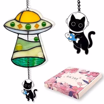 IriCrist UFO Cat Memorial Gifts for Loss of Cat, Unique Pet Loss Sympathy Stained Glass Spaceship Suncatcher, Thoughtful Bereavement Window Hanging for Memory Feline Passing Away Remembrance - Green