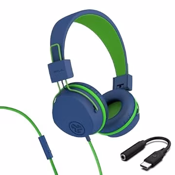JLab, JBuddies Studio, Kids Wired on-Ear Headphones, Bundle with USB-C Adapter, Volume limiting, Foldable, Blue/Green