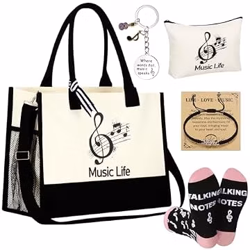 Cotwinter 6 Pcs Back to School Musician Gift for Women Include Music Notes Canvas Tote Bag Makeup Bag Crew Socks Bracelet Card Keychain for Music Lovers Students Teachers Musicians