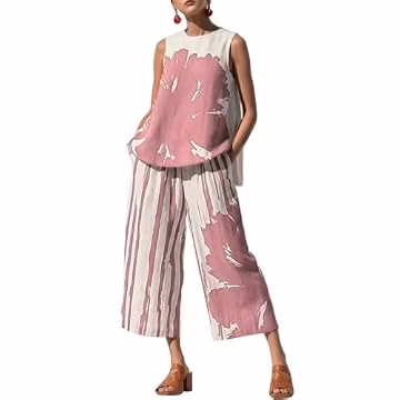 Vacation Sets for Women Capri Matching Sets Clothing Plus Size Beach Clothes Casual Summer Outfits Over 50 2 Piece Sets Wide Leg Pants and Short Sleeve Top Matching Suits Capri Set Pink X-Large