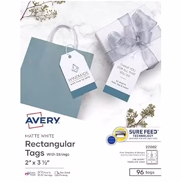 Avery Blank Printable Tags, Sure Feed Technology, 2" x 3.5", White, 96 Customizable Tags with String, Great for Branding, Gift Tags, Price Tags, and More (22802)