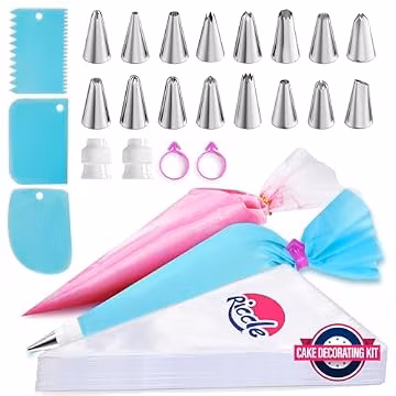 Riccle Piping Bags and Tips Set, 11.8 Inch 100 Anti Burst Piping Bags, 124 Pcs Cake Decorating Kit with 16 Piping Tips, 1 Reusable Pastry Bags, 3 Cake Scrapers, 2 Couplers, and 2 Icing Bags Ties