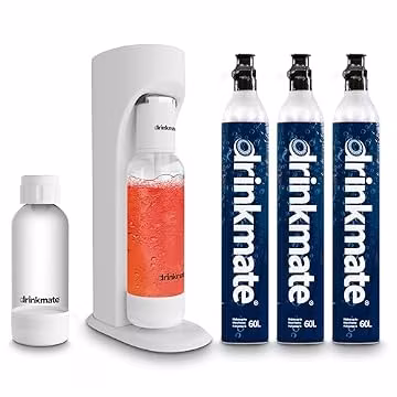 Drinkmate OmniFizz Sparkling Water Maker & Soda Streaming Machine | Carbonates Any Drink | ULTIMATE BUNDLE | Includes Three 60L CO2 Cartridges + Two BPA-Free Bottles (Classic White)
