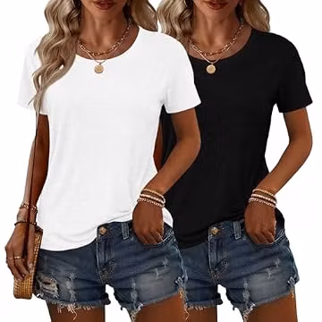KILISU 2PCS Women Short Sleeve T Shirts Crew Neck Solid Soft Basic Tee Casual Loose Fit Lightweight Summer Tops Clothes 2025 (US, Alpha, Medium, Regular, Regular, White+Black)