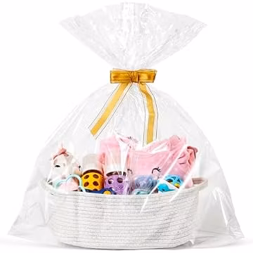 4 Pack Small Woven Basket with Handles, All 12"x 8"x 5", Cotton Rope Room Shelf Storage Basket, Cat Toys, Cute Baby Gift Basket with Gift Bags and Ribbons for Nursery, Empty Decorative Gift Chest Box