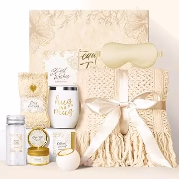 Gift Basket for Women, Self Care Set with Knitted Throw - Care Pkg - Beige