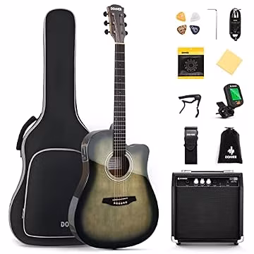 Donner Acoustic Electric Guitar Full Size Kit for Beginner Intermediate with Amplifier Capo Pick Tuner Strings Strap - 41 Inch