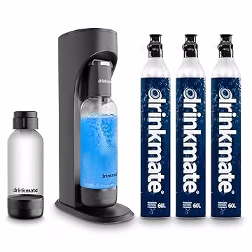 Drinkmate OmniFizz Sparkling Water Maker & Soda Streaming Machine | Carbonates Any Drink | ULTIMATE BUNDLE | Includes Three 60L CO2 Cartridges + Two BPA-Free Bottles (Matte Black)