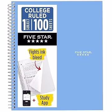 Five Star Spiral Notebook + Study App, 1 Subject, College Ruled Paper, 8.5" x 11", 100 Sheets, Blue (Color May Vary) (72565)