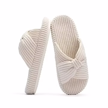 Chantomoo Slippers for Women Memory Foam House Bedroom Corduroy Bow Crossbands Slipper Shoes Comfy Trendy Gift Slippers Beige Size 7 8 6.5