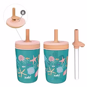 Zak Designs Shells Kelso Tumbler Set, Leak-Proof Screw-On Lid with Straw, Bundle for Kids Includes Plastic and Stainless Steel Cups with Bonus Sipper (3pc Set, Non-BPA)