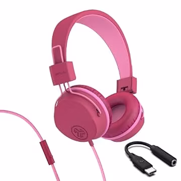 JLab, JBuddies Studio, Kids Wired on-Ear Headphones, Bundle with USB-C Adapter, Volume limiting, Foldable, Dark Pink