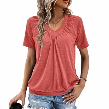 Gihgoew Summer Tops for Women 2024 Shorts Sleeve Womens Tops,V Neck Soft Casual Loose Fit Ruched Top T Shirts Tee Clothes (US, Alpha, Medium, Regular, Regular, Rose Red)