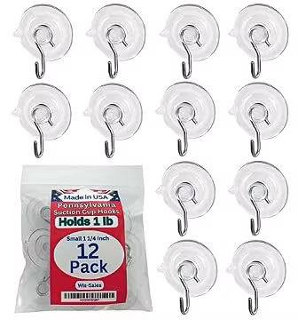12 Pak Small 1 ¼ -inch (Made in Pennsylvania) Heavy Duty Suction Cup Hooks for Glass Windows. Signs Holiday Ornaments Suncatchers-(Holds 1 Pound)