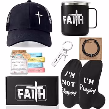 Rainhonor Christian Gifts for Men,Faith Based Spiritual Stuff Religious Basket Catholic Present Baptism Gifts Pastor Gift Set Christian Accessories for Men with Bible Verse Jar