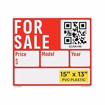 For Sale Sign Car (1-Pack) - 15 x 13 Inch QR Code Sign for Vehicles, Trucks, RVs & Boats - Fill-In Price, Model & Year - Durable Weatherproof PVC Plastic