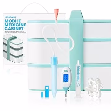 Frida Baby Mobile Medicine Cabinet Travel Kit, Set Baby Essentials Gift Set Includes NoseFrida Snotsucker, Rectal Thermometer, MediFrida Medicine Dispenser with Portable Carrying Case