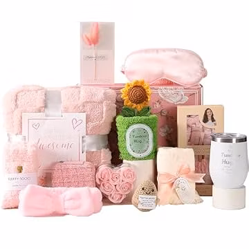 VANJOROY Birthday Gifts for Women, Graduation Gift for Her, Pink Trendy Gifts Sets for Her Girls with Sunshine Sunflowers - Gift Basket Box with Cards for Daughter Sister,Luxury Christmas Gifts