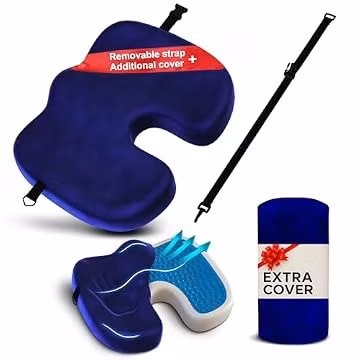 lifelong trusted deal Gel Seat Cushion – Navy Blue Flannel Pillow with Velvet Removable Cover – Ergonomic Sponge Support for Office with Adjustable Strap