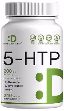 Deal Supplement 5-HTP 200mg Per Serving, 240 Capsules, 98% African Derived Griffonia Seed Extract | 4 in 1 Formula | Plus Active L Theanine, L Tryptophan, & GABA | Relaxation Support Supplement