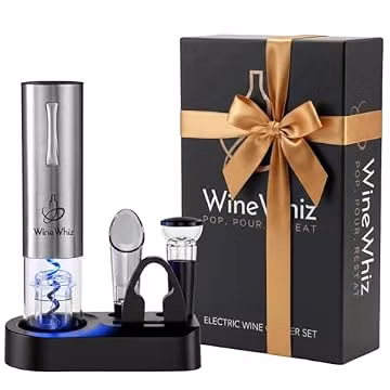 Electric Wine Opener Set with Base and Accessories (Rechargeable Stainless Steel Corkscrew, Dispenser, Foil Cutter Tool, Stopper) | Lovers Gift for Housewarming, Birthday, Registry