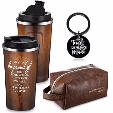 Roshtia Thank You Gift for Men 17 oz Stainless Steel Tumbler with Lid Leather Toiletry Bag Inspirational Keychain Team Gift for Male Employee Teacher Birthday(Wood Grain)