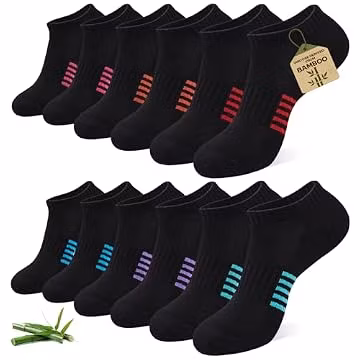 Ankle Socks for Women, 6/12 Pairs Bamboo Viscose Breathable Cushioned Moisture Wicking Athletic Running Casual Low Cut Socks, Multicolored Black 8-11