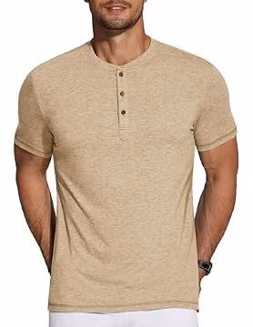 COOFANDY Men's Casual Shirts Button Down Short Sleeve Henley Basic Summer Solid T Shirts Light Khaki