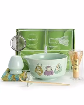 Matcha Whisk Tea Set Kit Japanese Matcha Kit - Matcha Bowl, Matcha Whisk and Holder, Bamboo Scoop, Scoop Rest, Sifter and Tea Towel - for Tea Ceremony Breakfast Lattes - Home Kitchen Christmas(Green)