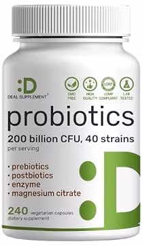 DEAL SUPPLEMENT Probiotics for Women & Men, 200 Billion CFU Per Serving, 240 Vegetarian Capsules, 4 Month Supply | 40 Strains with Prebiotics, Enzymes & Magnesium Citrate | Non-GMO, Gluten Free