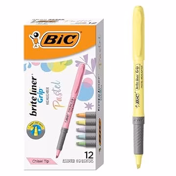 BIC Brite Liner Grip Pastel Highlighter Set, Chisel Tip, 12-Count