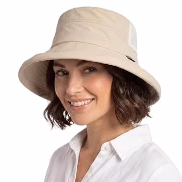 TOP-EX UVCoolix™ Cooling Women's Sun Hats with Ponytail Hole Wide Brim UPF 50 Foldable Bucket Hat for Summer Beach Travel Outdoor Gardening Waterproof Breathable with Chin Strap Beige M