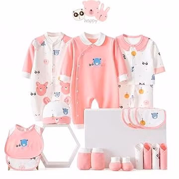 Joyshe Newborn Baby Girl Clothes Set, 21-Piece 100% Cotton Layette Essentials, 3-6 Months, Coming Home Outfit, Blush Pink