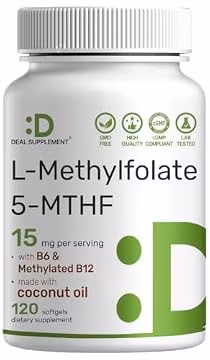 DEAL SUPPLEMENT L-Methylfolate 15 mg Per Serving, 120 Coconut Oil Softgels | 3-in-1 with Active 5-MTHF Methylated Vitamin B9, B6 & Methylated B12 | Active Folate Supplement | Non-GMO, Gluten Free