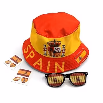 yhjukkk (Spain) The Soccer Champion National Flag 3 Piece Soccer Fan Bundle with One-size Bucket Hat Game-Day Focused Sunglasses & Temporary Tattoos Soccer Fan Hat For Matchday