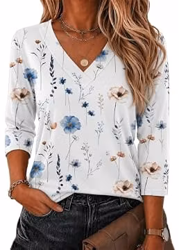 Zeagoo Plus Size 3/4 Sleeve Tops for Women V Neck Casual Shirt Basic Blouse